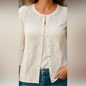 LOFT Lace Cardigan Sweater Womens Beige Lace Crystal Buttons Size M